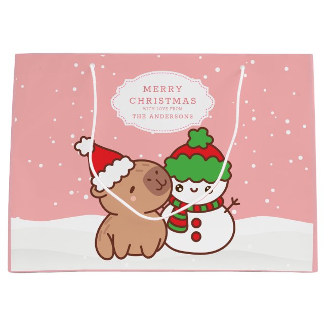 Weihnachten Capybara und Schneemann Niedlich Große Geschenktüte (Vorderseite)