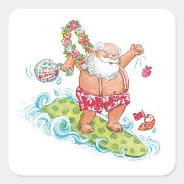 Weihnachten Cartoon Surfen Weihnachten Quadratischer Aufkleber (Vorderseite)