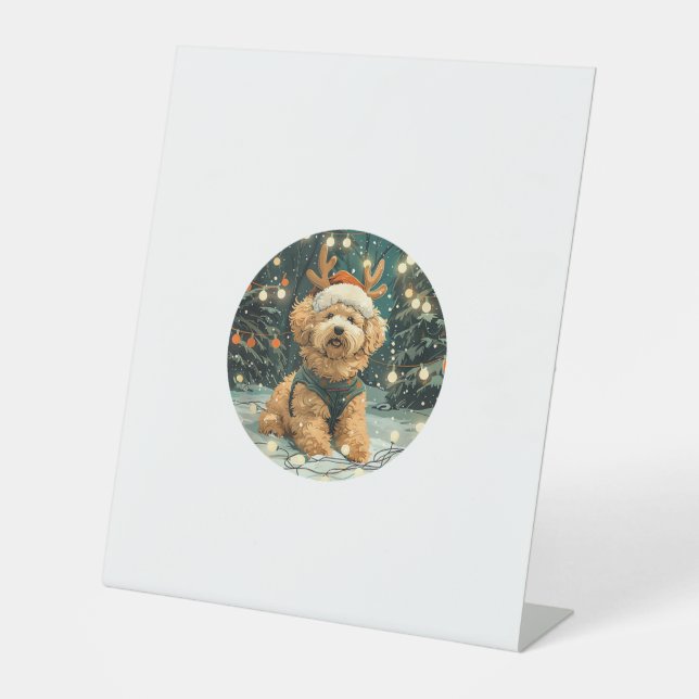 Weihnachten Cavapoo Rentierhunde Weihnachtsmannmüt Sockelschild (Vorderseite)