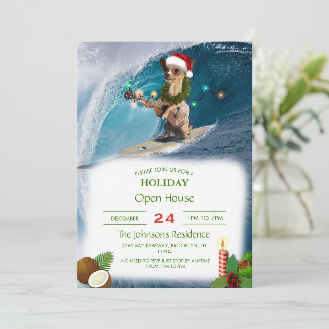 Weihnachten Chihuahua Surfing Einladung (Stehend Vorderseite)