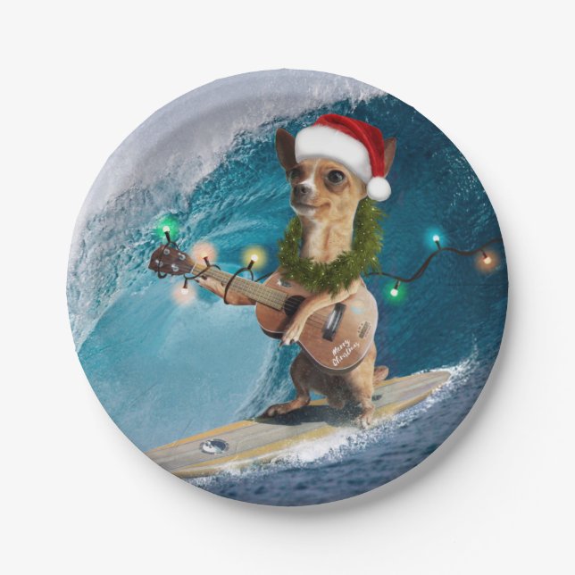 Weihnachten Chihuahua Surfing Pappteller (Vorderseite)