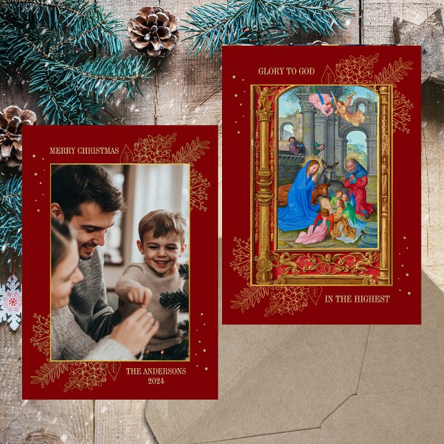 Weihnachten Christlich katholische Geburt Familie  (Nativity Scene Medieval Religious Christian Catholic Red  Gold Elegant Photo Christmas Card)