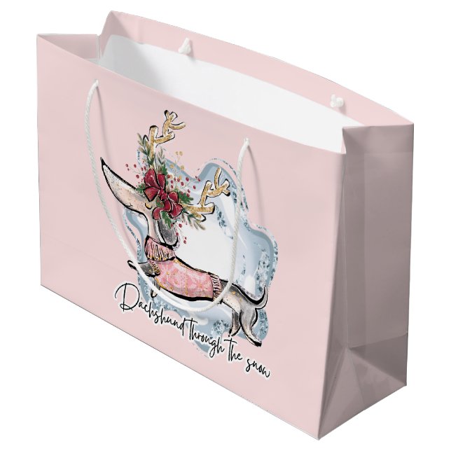 Weihnachten Dachschund durch den schneefestlichen  Große Geschenktüte (Rückseite Schrägansicht)