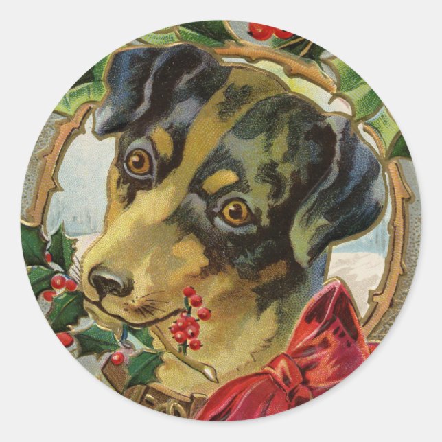 Weihnachten, Dackel Welpen Hund mit Holly Runder Aufkleber (Vorderseite)