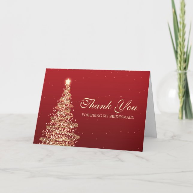 Weihnachten danken Ihnen Brautjungfern-Rot-Gold Dankeskarte (Vorderseite)