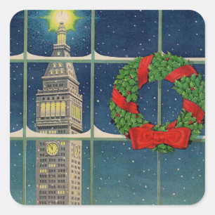 Weihnachten der 50er Jahre in der Stadt Quadratischer Aufkleber