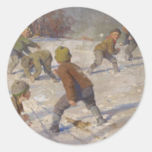 Weihnachten, Der Schneeballkampf (1890) Runder Aufkleber