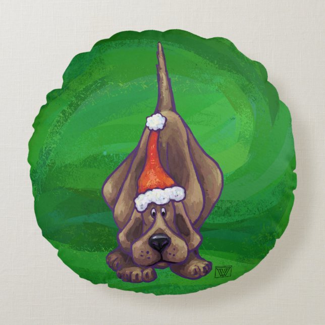 Weihnachten des Hundes auf Grün Rundes Kissen (Vorderseite)