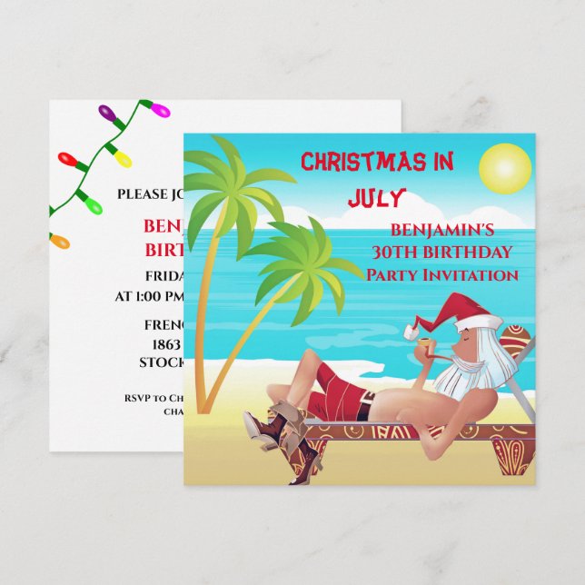 Weihnachten des Weihnachtsmannes im Juli Geburtsta Einladung (Vorne/Hinten)
