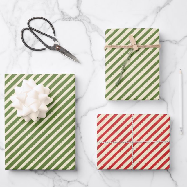 Weihnachten Diagonal Streifen Olivenweg Rot Geschenkpapier Set (Vorderseite)