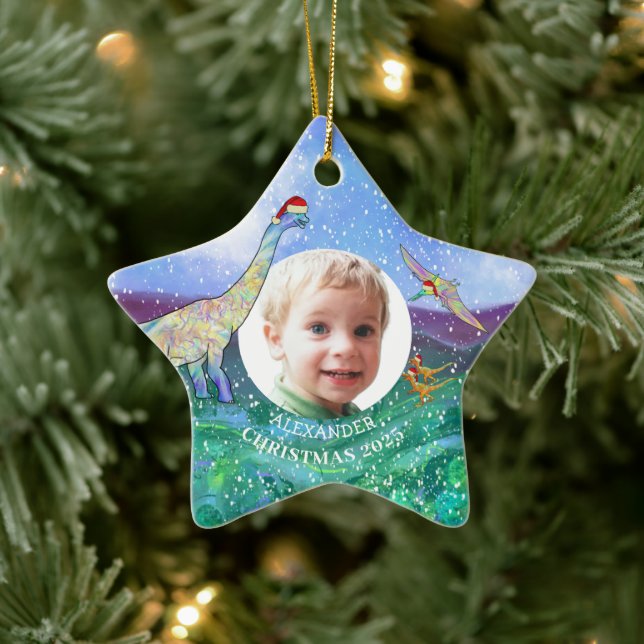 Weihnachten Dinosaurier Personalisiertes Foto 2022 Keramik Ornament (Baum)