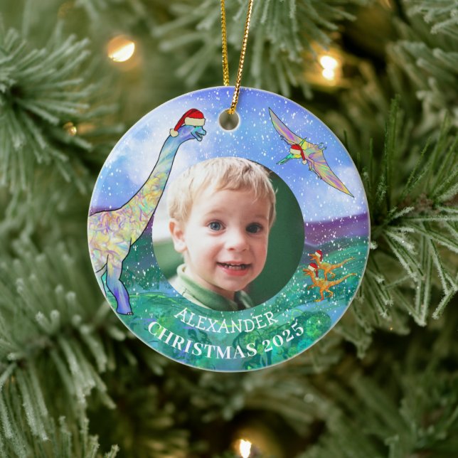 Weihnachten Dinosaurier Personalisiertes Foto 2022 Keramik Ornament (Baum)