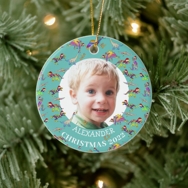 Weihnachten Dinosaurier Personalisiertes Foto 2022 Keramik Ornament (Baum)