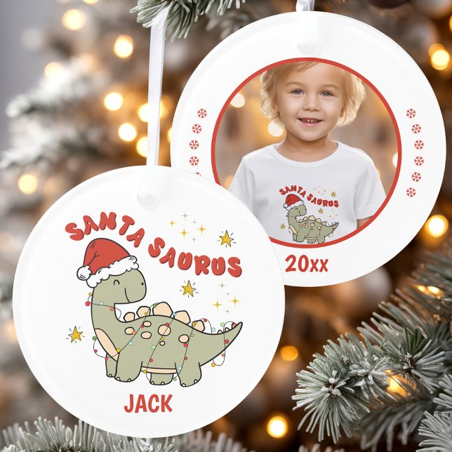 Weihnachten Dinosaurier Santasaurus Name Foto Orna Ornament (Christmas Dinosaur Santasaurus Name Photo Ornament)
