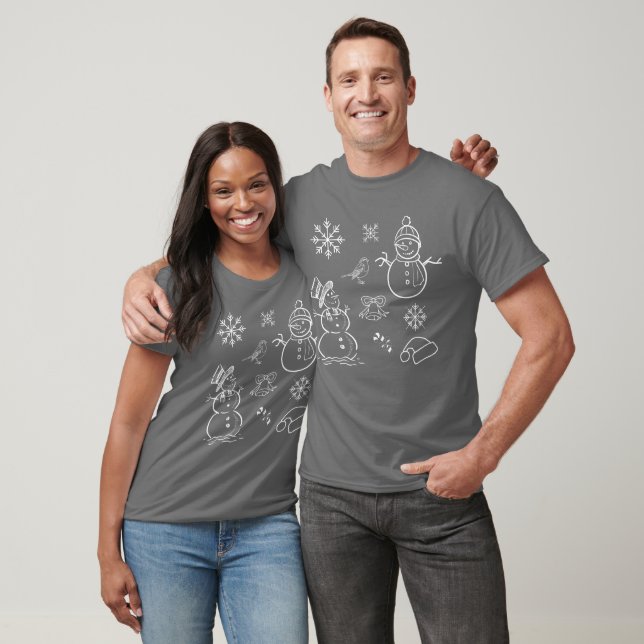 Weihnachten Doodle Snowman Funny Grau und Weiß T-Shirt (Unisex)