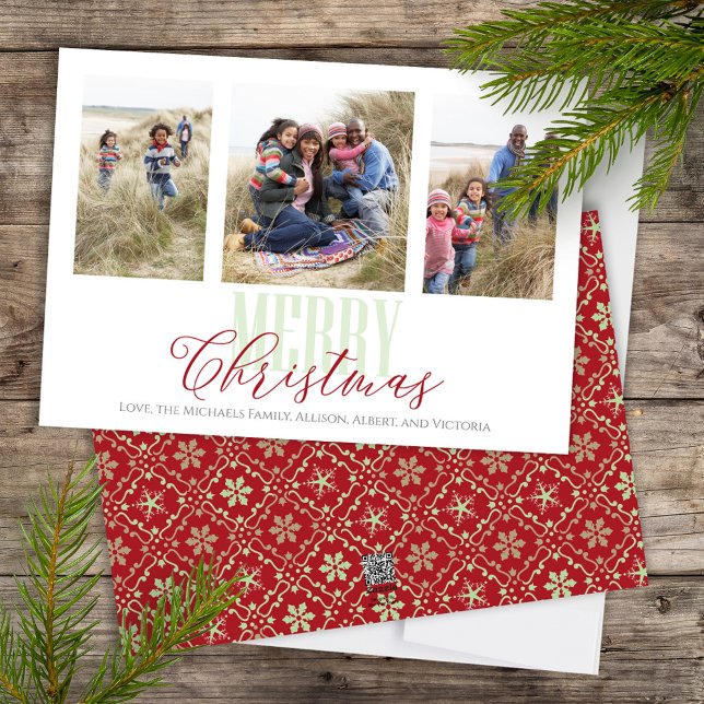 Weihnachten Drei Foto Roter Schneeflocken (Merry Christmas Calligraphy Script holiday multi photo card with elegant snowflake pattern)