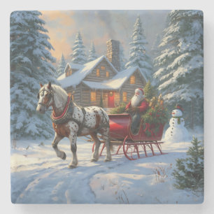 Weihnachten Ein Pferd Sleigh Santa Steinuntersetzer