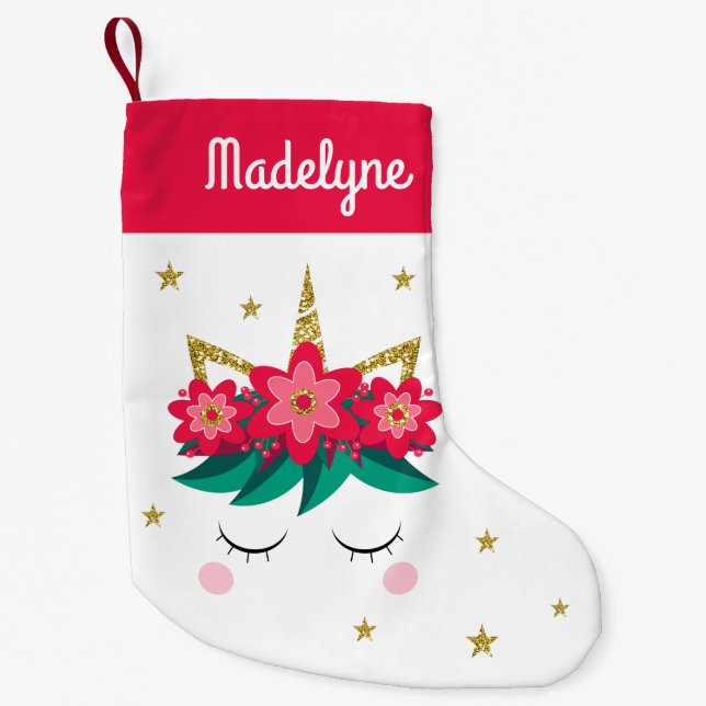 Weihnachten Einhorn Blume Sterne Personalisierter  Kleiner Weihnachtsstrumpf (Vorderseite)