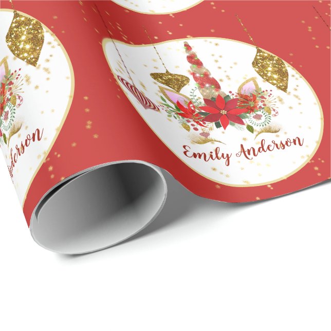Weihnachten Einhorn Gesicht Personalisiert Red Gol Geschenkpapier (Rolleneckpunkt)