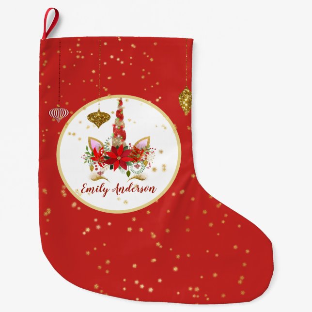 Weihnachten Einhorn Gesicht Personalisiert Red Gol Großer Weihnachtsstrumpf (Vorderseite)