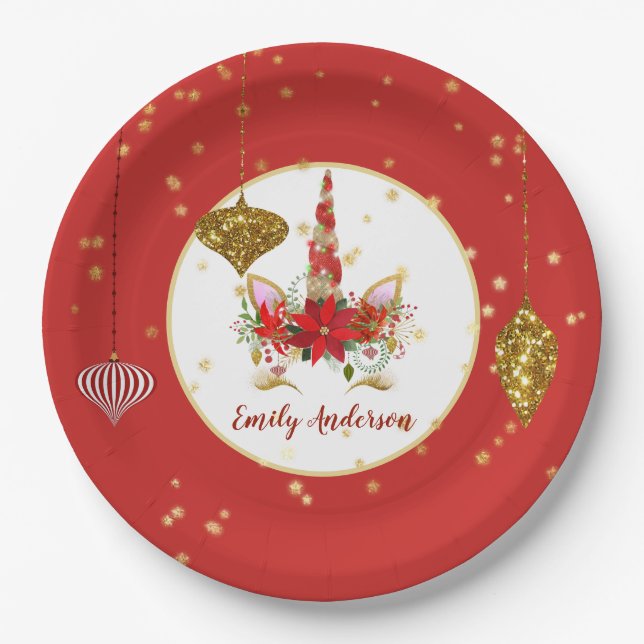 Weihnachten Einhorn Gesicht Personalisiertes Party Pappteller (Vorderseite)