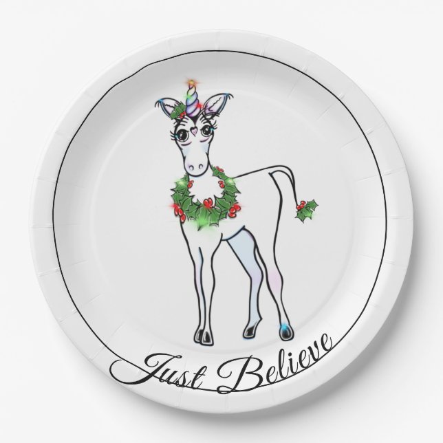 Weihnachten Einhorn, glauben Sie nur Pappteller (Vorderseite)