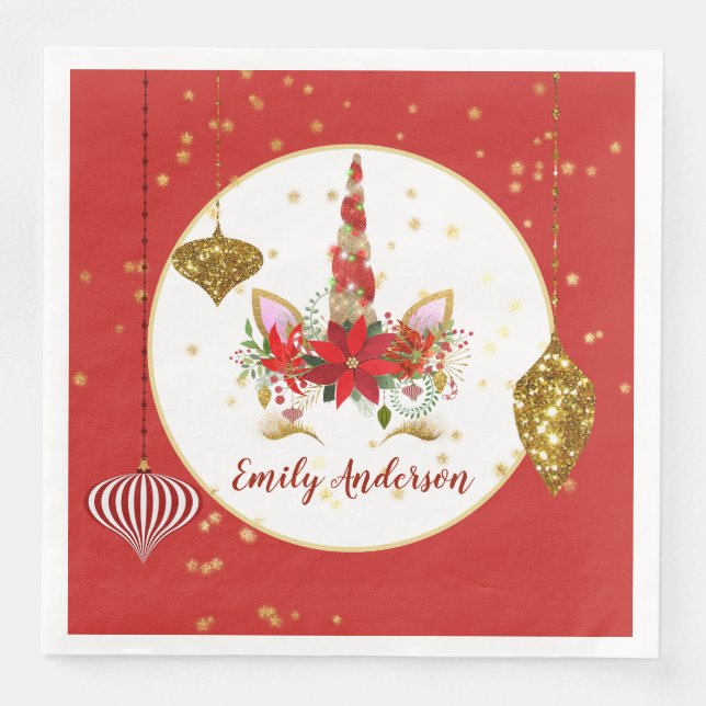 Weihnachten Einhorn Party Girls Red Gold Serviette (Vorderseite)
