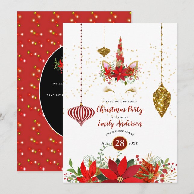 Weihnachten Einhorn Party Red Gold Spaß Moderne Einladung (Vorne/Hinten)