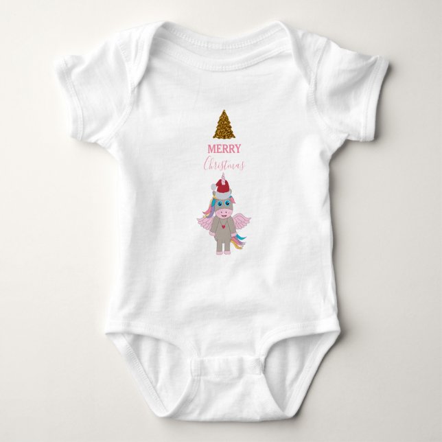 Weihnachten Einhorn Weihnachtsmannmütze Gold Glitz Baby Strampler (Vorderseite)