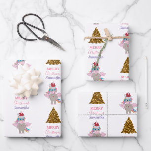 Weihnachten Einhorn Weihnachtsmannmütze Gold Glitz Geschenkpapier Set
