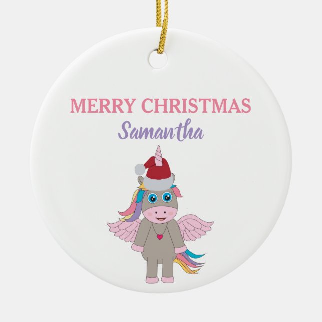 Weihnachten Einhorn Weihnachtsmannmütze Gold Glitz Keramik Ornament (Vorne)