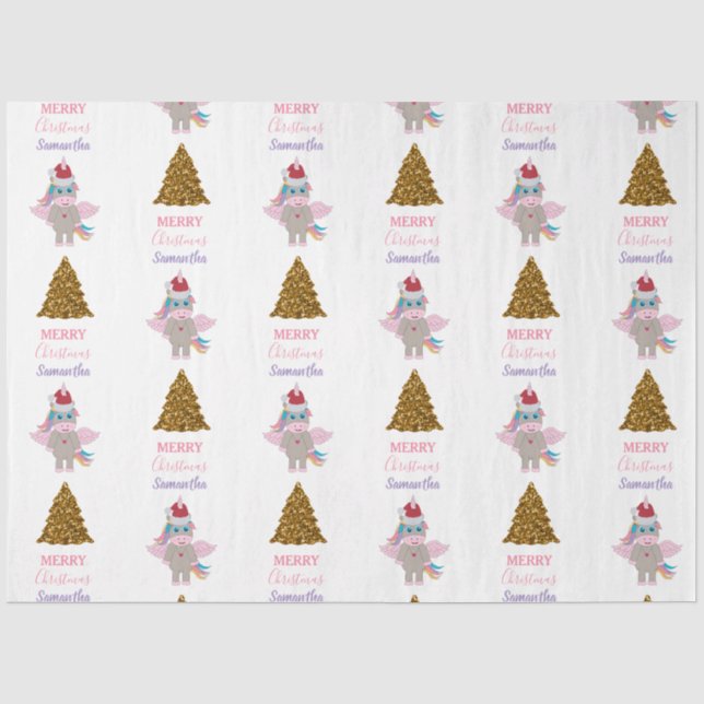 Weihnachten Einhorn Weihnachtsmannmütze Gold Glitz Seidenpapier (Vorderseite)