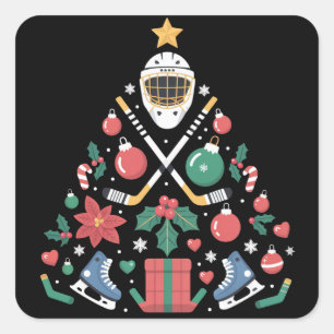 Weihnachten Eishockey Liebhaber Baum Sportteam Quadratischer Aufkleber