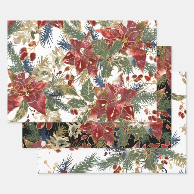 Weihnachten Elegant Red Gold Poinsettias Evergreen Geschenkpapier Set (Set)