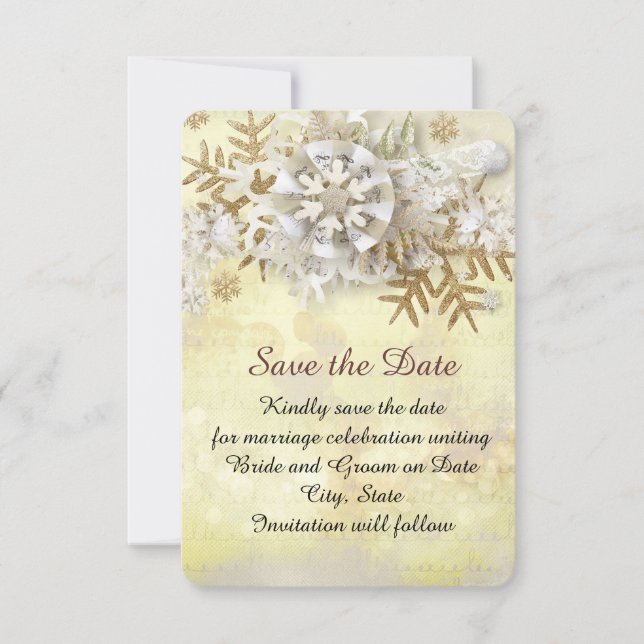 Weihnachten Elegante Goldene Schneeflocken Save th The Date (Vorderseite)