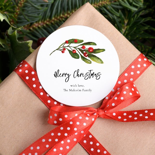 Weihnachten Elegante Red Berries Script Familie Runder Aufkleber (Christmas Red Berries Greenery Circle Sticker)