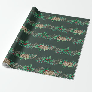 Weihnachten Elegante Striped Holly Berry Pine Foli Geschenkpapier