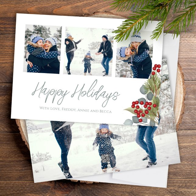 Weihnachten Eleganter Winter Holly Berries 4 Foto (Happy Holiday calligraphy script Christmas photo card with a four photo template. )