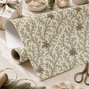 Weihnachten Elegantes Rot und Grünes Laubwerk Feri Geschenkpapier