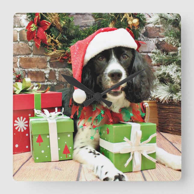 Weihnachten - englischer SpringerSpaniel - Lucy Quadratische Wanduhr (Vorderseite)
