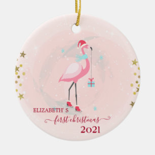 Weihnachten Erster Weihnachtsrosafarbener Flamingo Keramik Ornament
