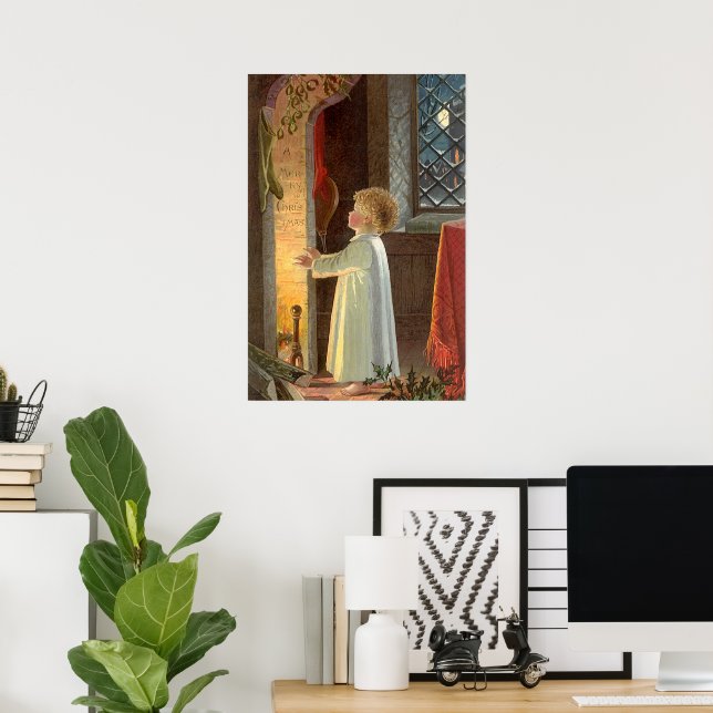 Weihnachten, Erwärmung des Kindes am Kamin Poster (Heimbüro)