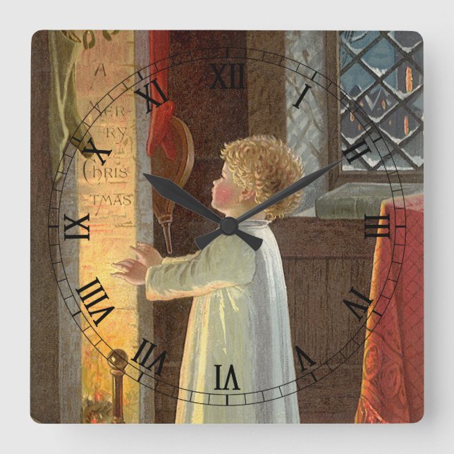 Weihnachten, Erwärmung des Kindes am Kamin Quadratische Wanduhr (Vorderseite)