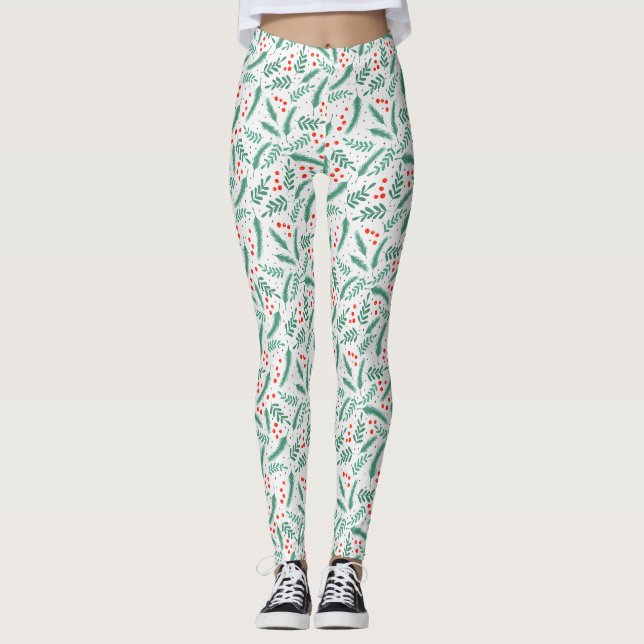 Weihnachten Evergreen Boughs und Holly Berries Leggings (Vorderseite)