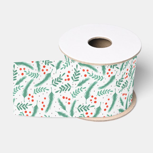 Weihnachten Evergreen Boughs und Holly Berries Ripsband (Spule)