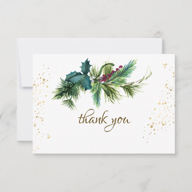 Weihnachten Evergreen Red Gold Winter Wedding Dankeskarte (Vorderseite)
