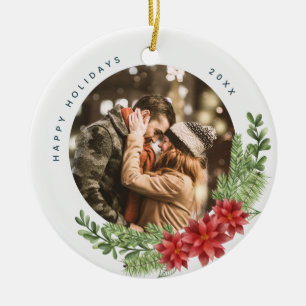 Weihnachten-Evergreen und Poinsettia-Foto Keramik Ornament