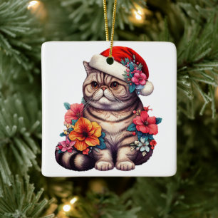 Weihnachten Exotische Kurzhaarkatze, Floral Santa  Keramikornament