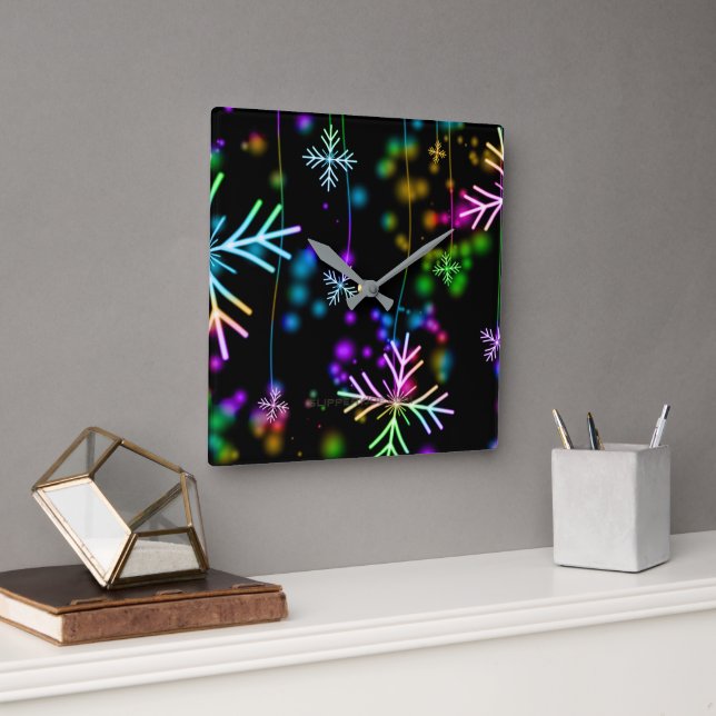 Weihnachten fallen verschiedene Neonfarben Schneef Quadratische Wanduhr (Büro)