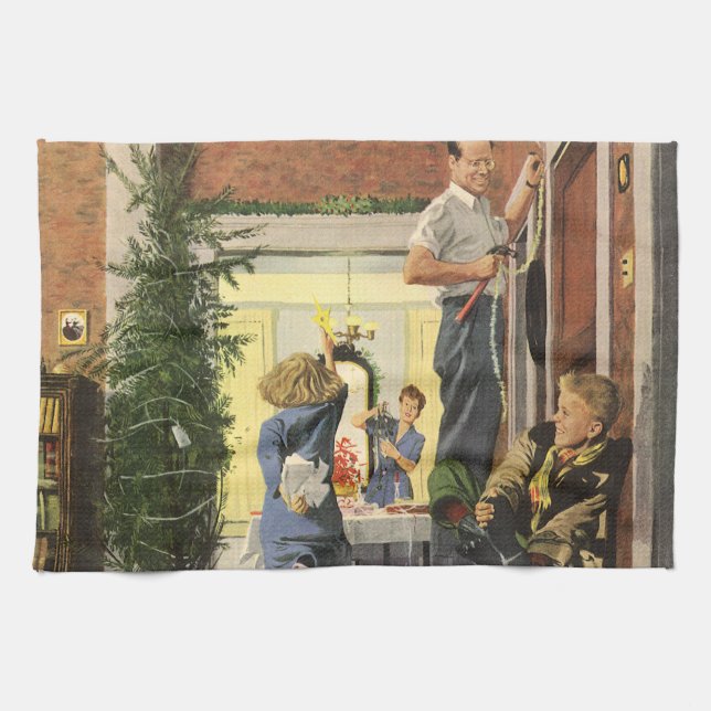Weihnachten, Familie Dekorieren des Hauses Geschirrtuch (Horizontal)